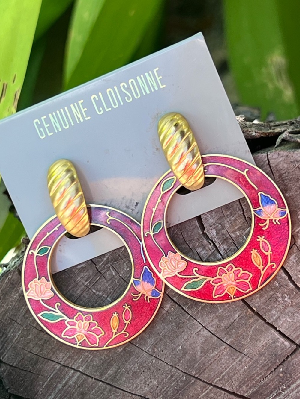 Vintage Cloisonné Door Knocker Earrings NOS Enamel Statement